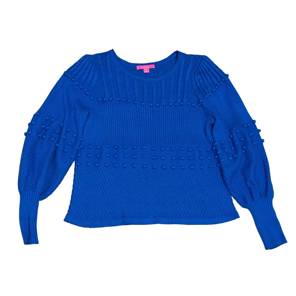 Lilly Pulitzer‎ Kippa Sweater Women XL Blue Thistle EUC Pom Pom Balloon Sleeve